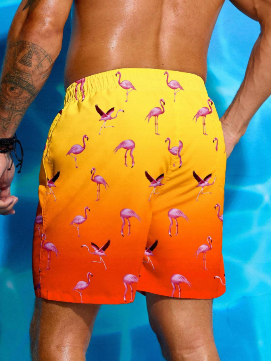 Manfinity Swimmode Men's Graident Flamingo Printed Beach Shorts