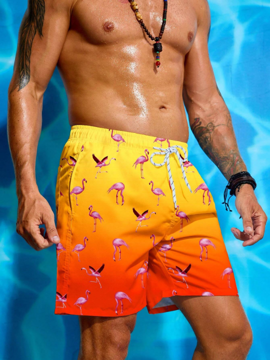 Manfinity Swimmode Men's Graident Flamingo Printed Beach Shorts