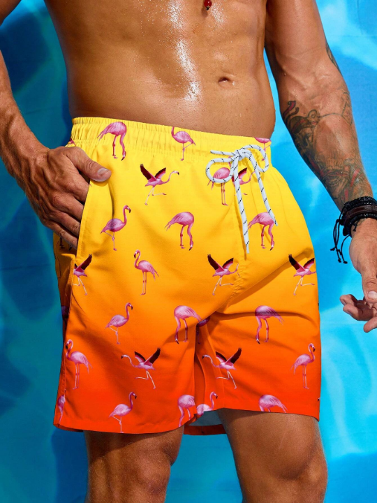 Manfinity Swimmode Men's Graident Flamingo Printed Beach Shorts