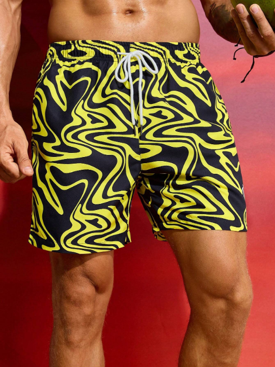 Men's Color-Blocking Printed Beach Shorts With Drawstring Waist And Pockets