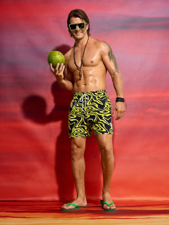 Men's Color-Blocking Printed Beach Shorts With Drawstring Waist And Pockets