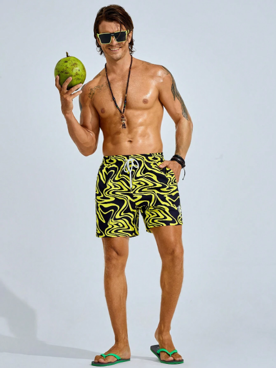 Men's Color-Blocking Printed Beach Shorts With Drawstring Waist And Pockets