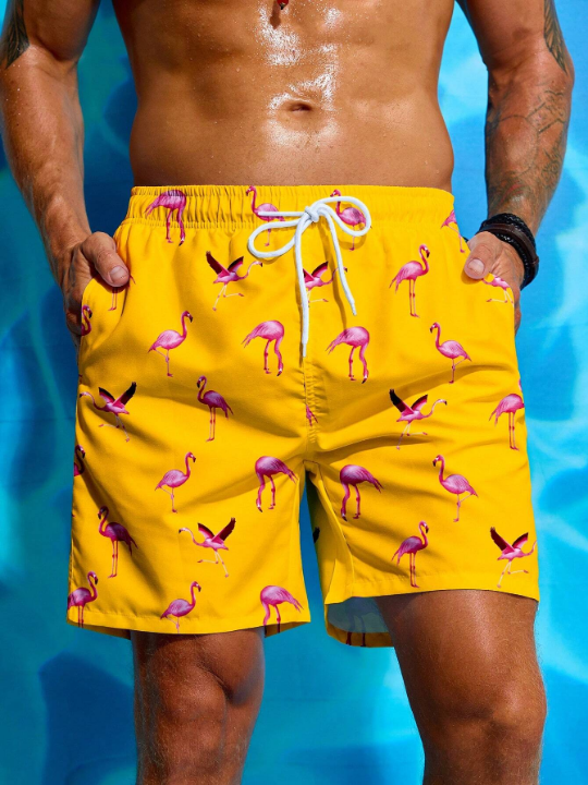 Manfinity Swimmode Men's Flamingo Printed Drawstring Waist Beach Shorts