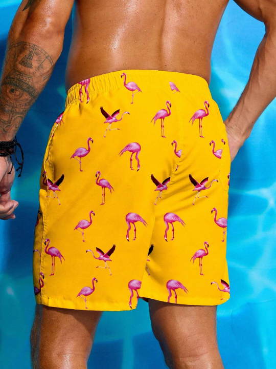 Manfinity Swimmode Men's Flamingo Printed Drawstring Waist Beach Shorts