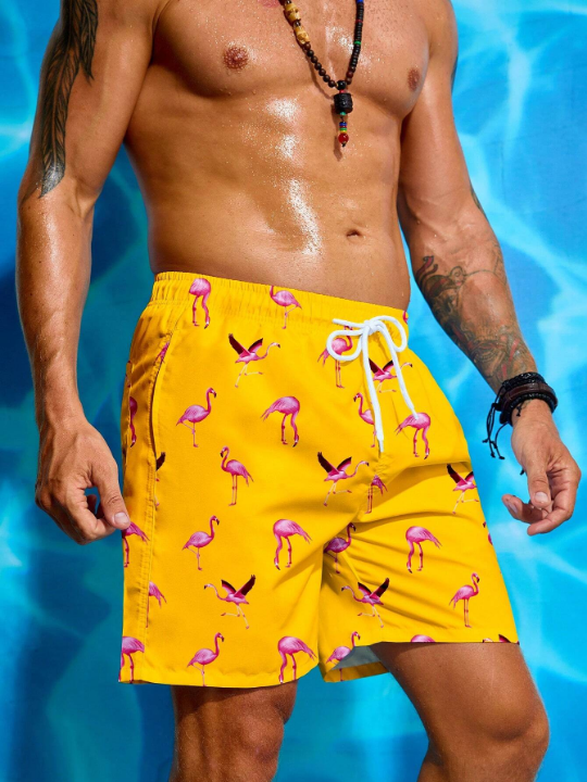 Manfinity Swimmode Men's Flamingo Printed Drawstring Waist Beach Shorts