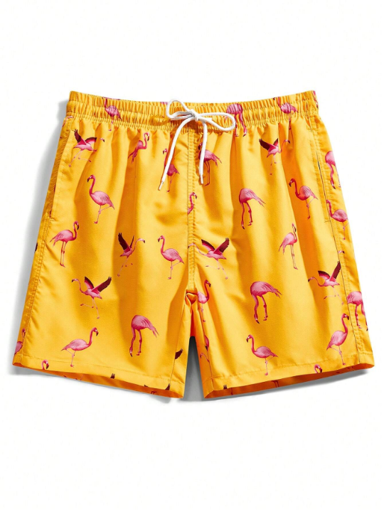 Manfinity Swimmode Men's Flamingo Printed Drawstring Waist Beach Shorts