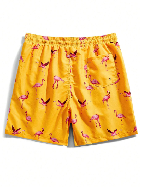 Manfinity Swimmode Men's Flamingo Printed Drawstring Waist Beach Shorts