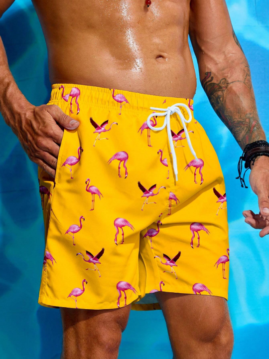 Manfinity Swimmode Men's Flamingo Printed Drawstring Waist Beach Shorts