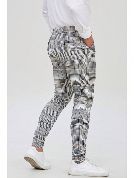 Mens Light Grey Checked Slim Fit Stretch Chinos Plaid Pants