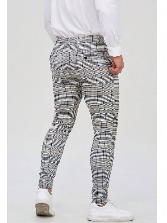 Mens Light Grey Checked Slim Fit Stretch Chinos Plaid Pants