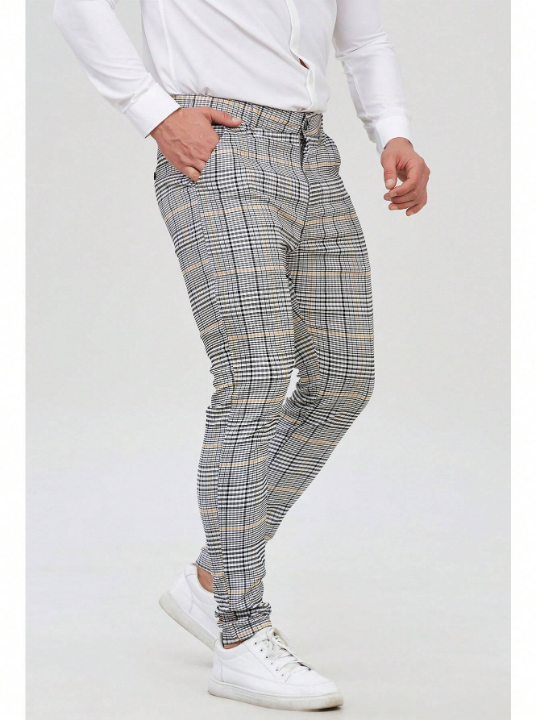 Mens Light Grey Checked Slim Fit Stretch Chinos Plaid Pants