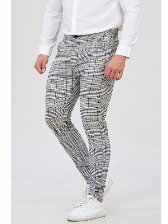 Mens Light Grey Checked Slim Fit Stretch Chinos Plaid Pants