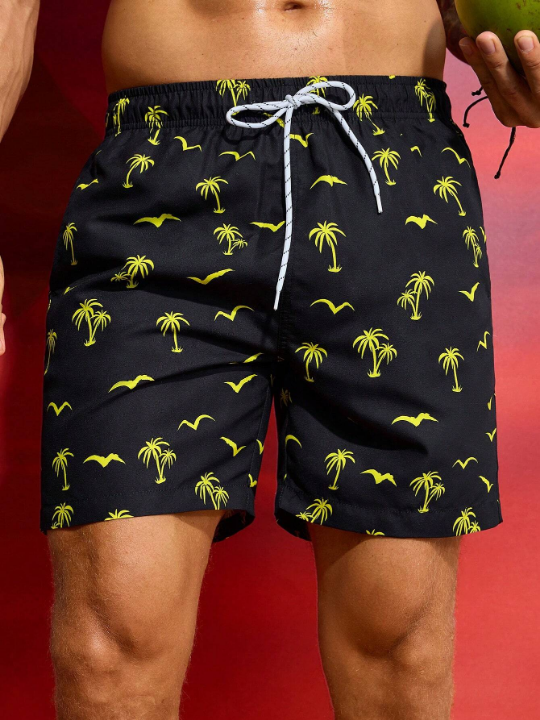 Manfinity Swimmode Men's Coconut Tree Print Drawstring Beach Shorts