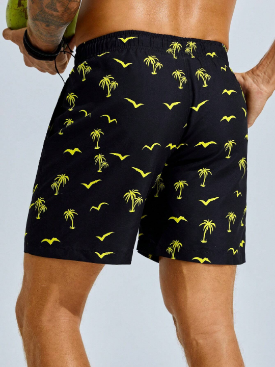 Manfinity Swimmode Men's Coconut Tree Print Drawstring Beach Shorts