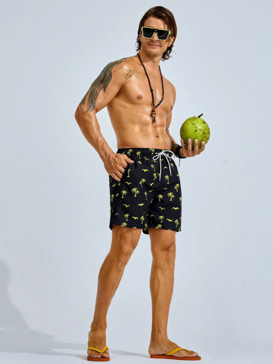 Manfinity Swimmode Men's Coconut Tree Print Drawstring Beach Shorts