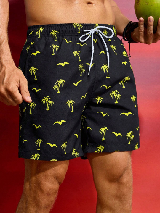 Manfinity Swimmode Men's Coconut Tree Print Drawstring Beach Shorts