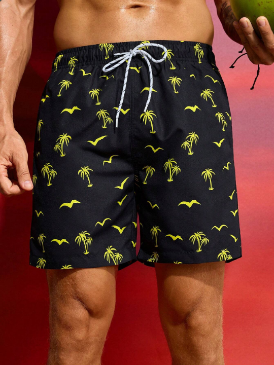 Manfinity Swimmode Men's Coconut Tree Print Drawstring Beach Shorts