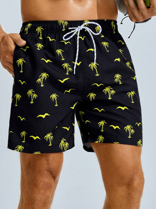 Manfinity Swimmode Men's Coconut Tree Print Drawstring Beach Shorts