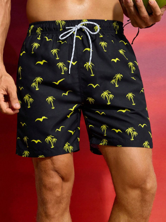 Manfinity Swimmode Men's Coconut Tree Print Drawstring Beach Shorts