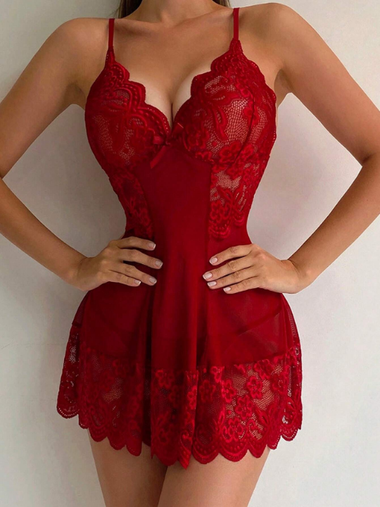 2pcs Red Sexy Hollow Out Perspective Printed Lace Cami Dress And Thong Set