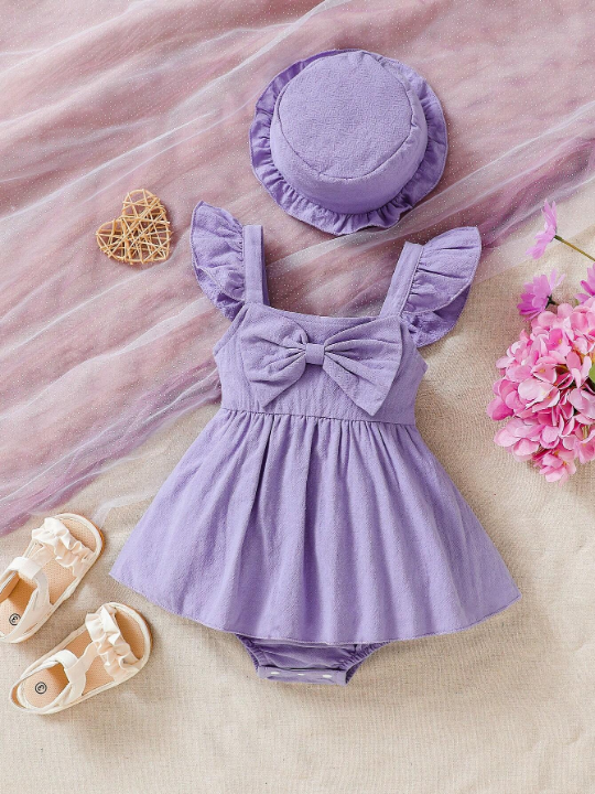 Baby Girl Solid Color Cami Dress With Butterfly Decor And Ruffle Hem For Summer