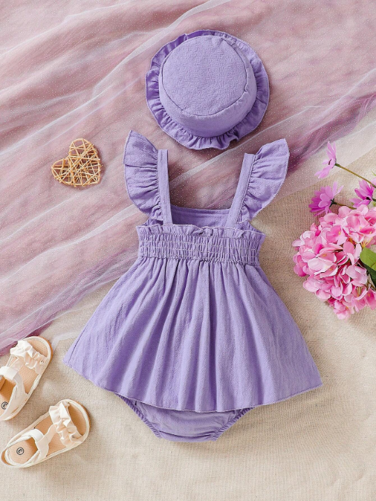 Baby Girl Solid Color Cami Dress With Butterfly Decor And Ruffle Hem For Summer