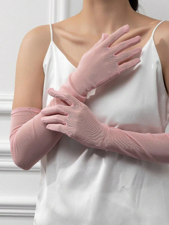 1 Pair Women's Fashionable Simple Mesh Silk Long Gloves Suitable For Decoration, Travel And Party Matching