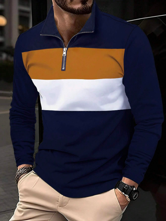 Manfinity Homme Men's Spring Casual Color Block Long Sleeve Polo Shirt