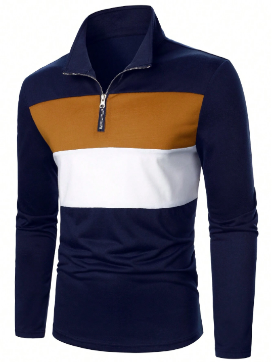 Manfinity Homme Men's Spring Casual Color Block Long Sleeve Polo Shirt