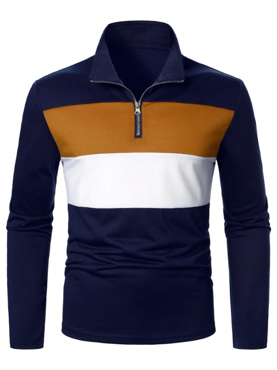 Manfinity Homme Men's Spring Casual Color Block Long Sleeve Polo Shirt