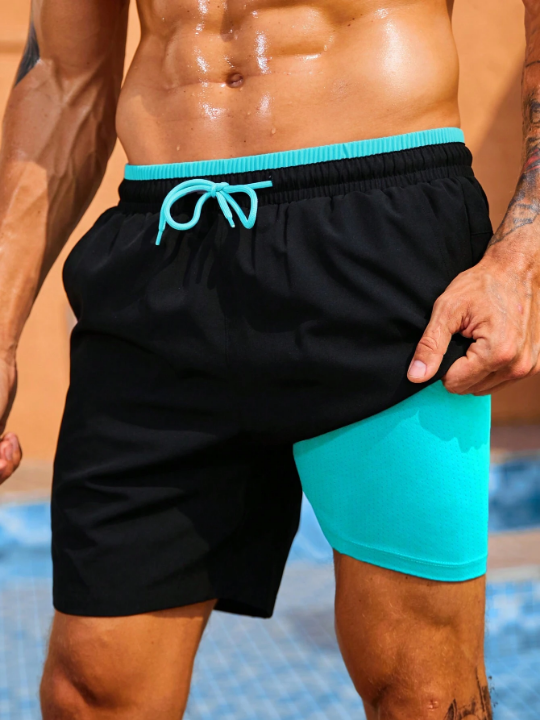 Manfinity Swimmode Men 2 In 1 Drawstring Waist Swim Shorts