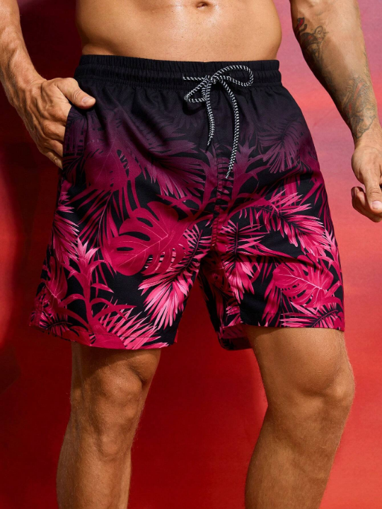 Manfinity Swimmode Men's Tropical Plant Printed Beach Shorts