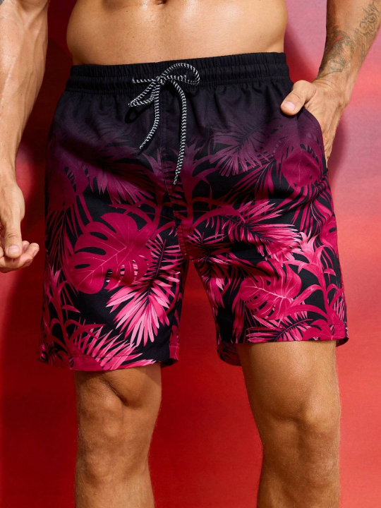 Manfinity Swimmode Men's Tropical Plant Printed Beach Shorts