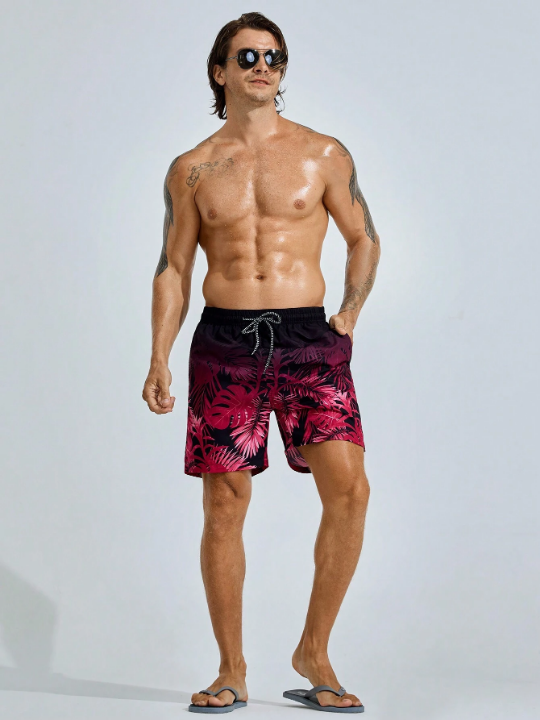 Manfinity Swimmode Men's Tropical Plant Printed Beach Shorts