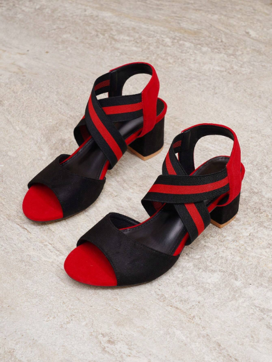 Women Cross Elastic Band Chunky Heel Sandals With Peep Toe And Black/Red Velvet Casual High Heeled Sandals