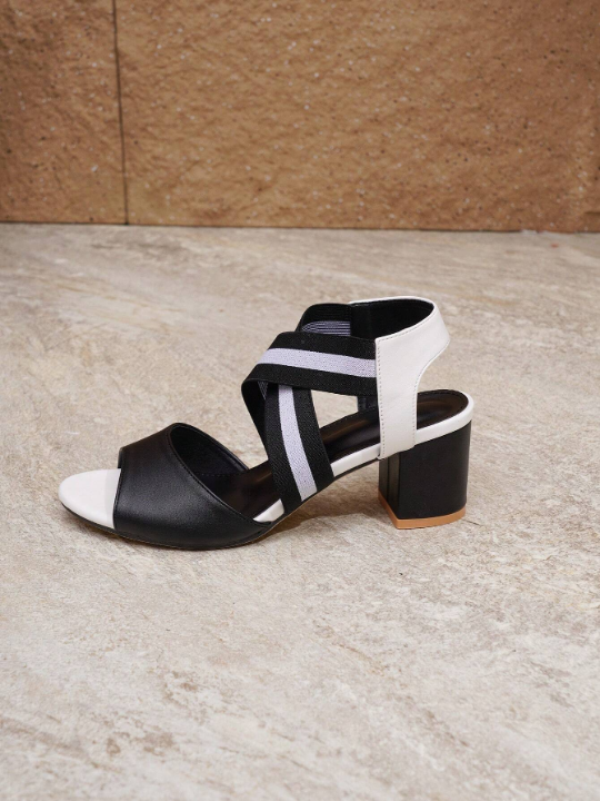 Ladies' Peep-Toe Cross Elastic Band Chunky Heeled Sandals, Casual Black & White Pu Upper Platform Heels