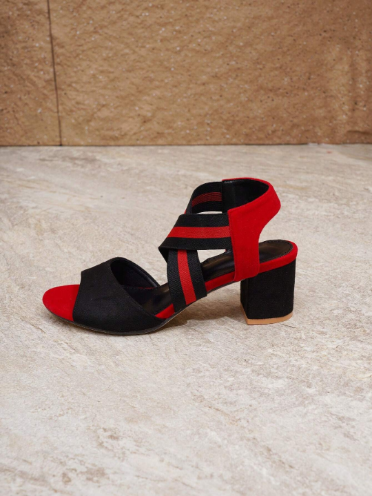 Women Cross Elastic Band Chunky Heel Sandals With Peep Toe And Black/Red Velvet Casual High Heeled Sandals