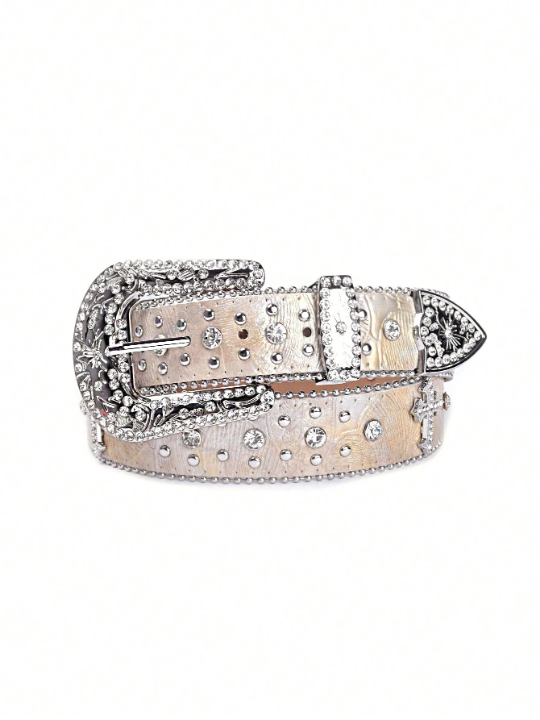 Fashionable Rhinestone Belt With Western Cowboy Stud Design For Women & Men, Suitable For Jeans