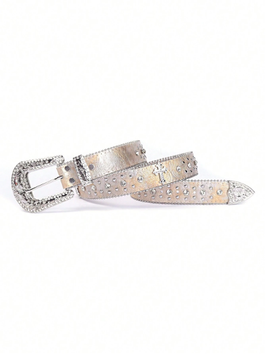 Fashionable Rhinestone Belt With Western Cowboy Stud Design For Women & Men, Suitable For Jeans