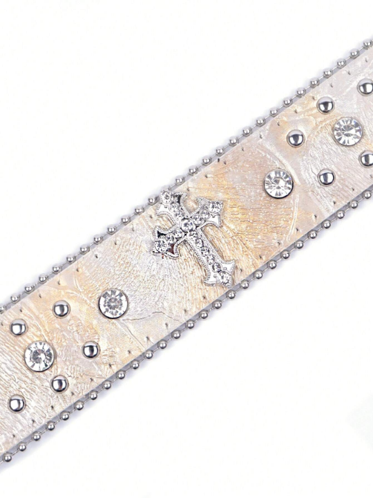 Fashionable Rhinestone Belt With Western Cowboy Stud Design For Women & Men, Suitable For Jeans