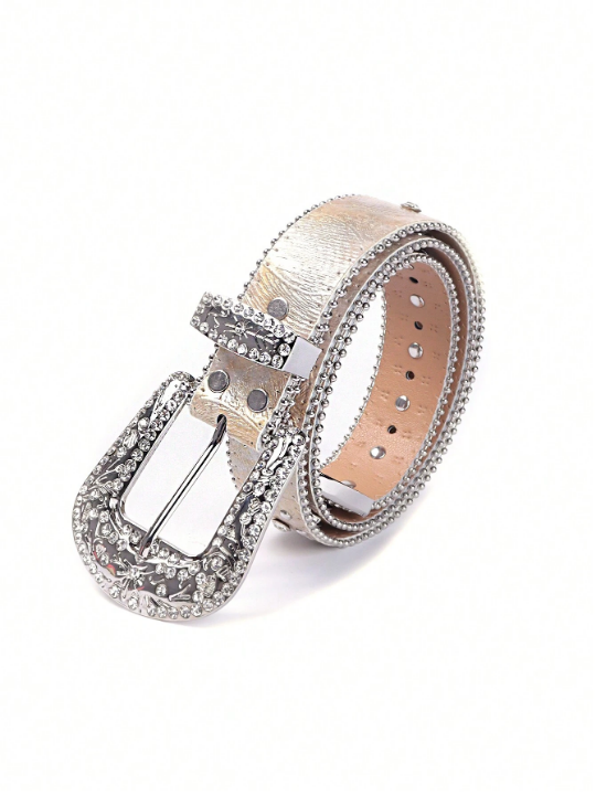 Fashionable Rhinestone Belt With Western Cowboy Stud Design For Women & Men, Suitable For Jeans