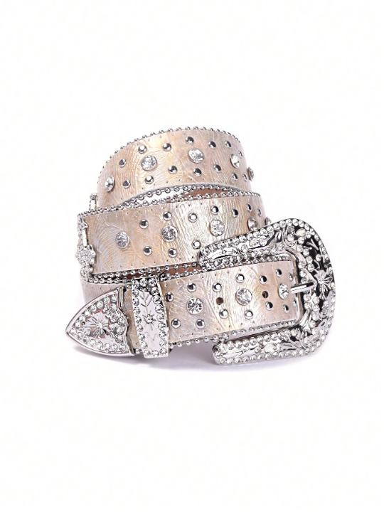 Fashionable Rhinestone Belt With Western Cowboy Stud Design For Women & Men, Suitable For Jeans