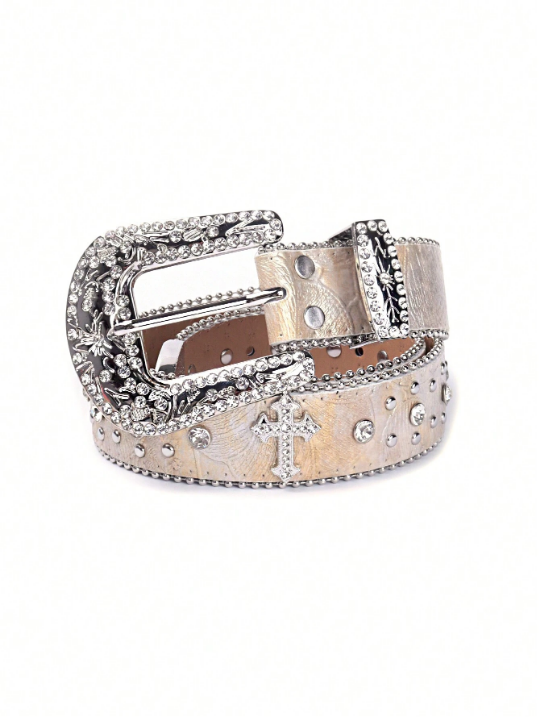 Fashionable Rhinestone Belt With Western Cowboy Stud Design For Women & Men, Suitable For Jeans