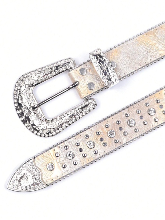 Fashionable Rhinestone Belt With Western Cowboy Stud Design For Women & Men, Suitable For Jeans