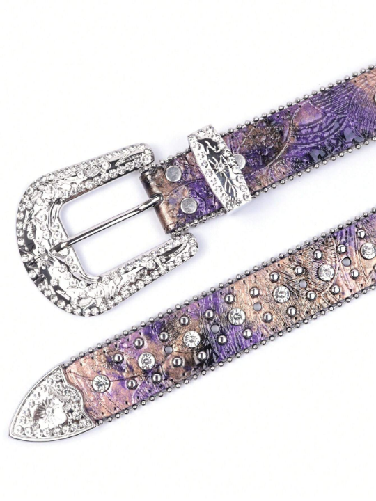 Men's And Women's Rhinestone Belt, Fashionable Western Cowgirl Denim Belt With Studded Design And Diamonds, For Jeans