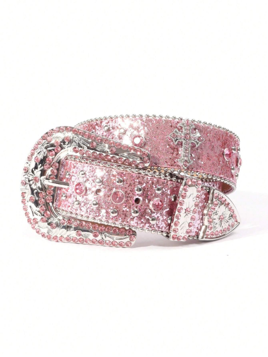 Ladies And Gentlemen Rhinestone Belt, Fashionable Western Cowgirl Style Studded Diamond Belt For Jeans