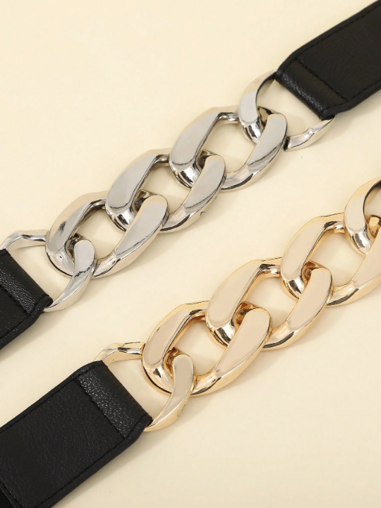 1pc Ladies' Simple Metal Chain & Pu Leather Belt For Dress, Pants, Showing Slim Effect, Fashionable Elastic Stretch Waistband, Suitable For Daily Use