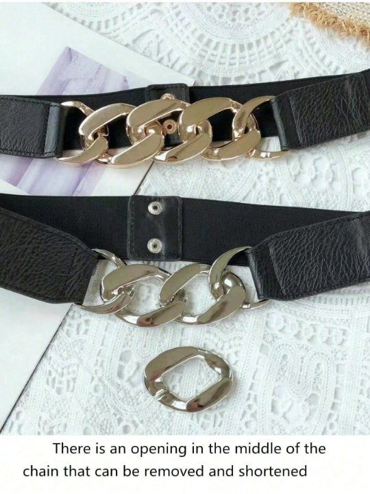 1pc Ladies' Simple Metal Chain & Pu Leather Belt For Dress, Pants, Showing Slim Effect, Fashionable Elastic Stretch Waistband, Suitable For Daily Use