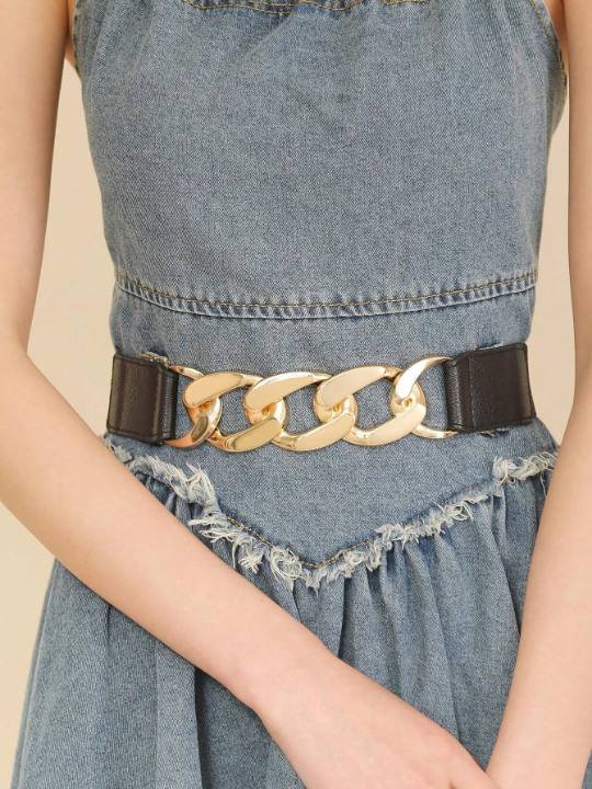 1pc Ladies' Simple Metal Chain & Pu Leather Belt For Dress, Pants, Showing Slim Effect, Fashionable Elastic Stretch Waistband, Suitable For Daily Use