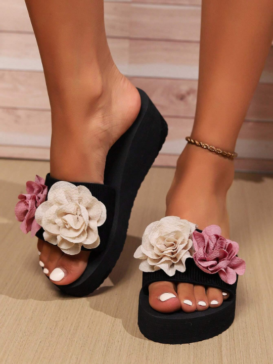 Women\ Indoor/Outdoor House Slippers With Thick Platform Heels, Black Slides